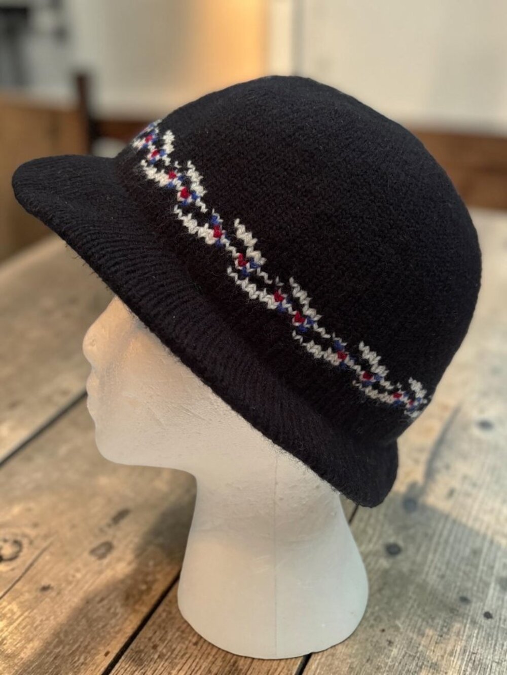 Knitted Black Wool Bucket Hat With Multicolor Fair Isle Band Design 1990
